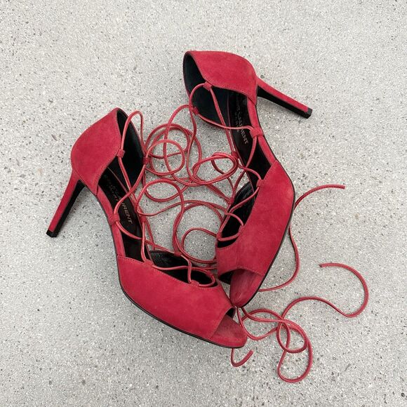 Saint Laurent Lace up Peep Toe Suede Red Heels - Picture 1 of 10